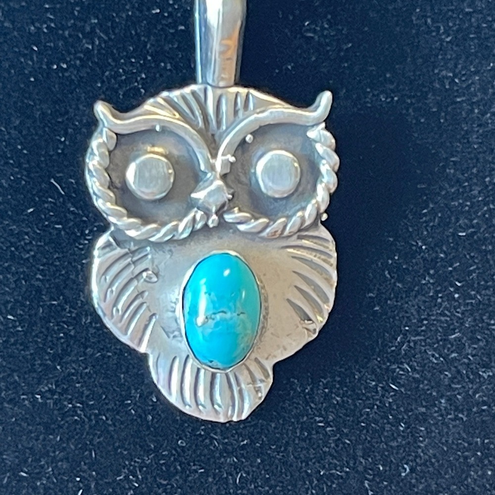 Native American Made Sterling Silver and Turquoise Owl Pendant & Chain Singed